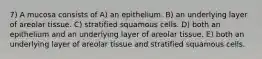 7) A mucosa consists of A) an epithelium. B) an underlying layer of areolar tissue. C) stratified squamous cells. D) both an epithelium and an underlying layer of areolar tissue. E) both an underlying layer of areolar tissue and stratified squamous cells.