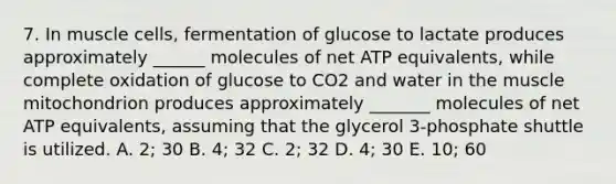 7. In muscle cells, fermentation of glucose to lactate produces approximately ______ molecules of net ATP equivalents, while complete oxidation of glucose to CO2 and water in the muscle mitochondrion produces approximately _______ molecules of net ATP equivalents, assuming that the glycerol 3-phosphate shuttle is utilized. A. 2; 30 B. 4; 32 C. 2; 32 D. 4; 30 E. 10; 60