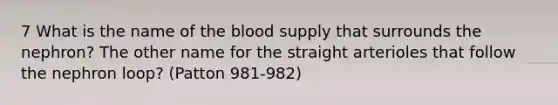 7 What is the name of <a href='https://www.questionai.com/knowledge/k7oXMfj7lk-the-blood' class='anchor-knowledge'>the blood</a> supply that surrounds the nephron? The other name for the straight arterioles that follow the nephron loop? (Patton 981-982)