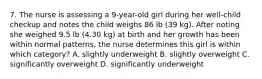 7. The nurse is assessing a 9-year-old girl during her well-child checkup and notes the child weighs 86 lb (39 kg). After noting she weighed 9.5 lb (4.30 kg) at birth and her growth has been within normal patterns, the nurse determines this girl is within which category? A. slightly underweight B. slightly overweight C. significantly overweight D. significantly underweight