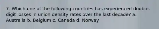 7. Which one of the following countries has experienced double-digit losses in union density rates over the last decade? a. Australia b. Belgium c. Canada d. Norway