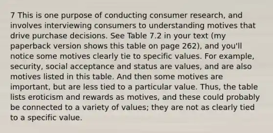 7 This is one purpose of conducting consumer research, and involves interviewing consumers to understanding motives that drive purchase decisions. See Table 7.2 in your text (my paperback version shows this table on page 262), and you'll notice some motives clearly tie to specific values. For example, security, social acceptance and status are values, and are also motives listed in this table. And then some motives are important, but are less tied to a particular value. Thus, the table lists eroticism and rewards as motives, and these could probably be connected to a variety of values; they are not as clearly tied to a specific value.