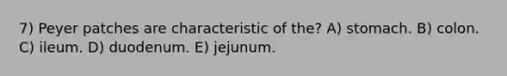 7) Peyer patches are characteristic of the? A) stomach. B) colon. C) ileum. D) duodenum. E) jejunum.