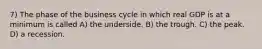 7) The phase of the business cycle in which real GDP is at a minimum is called A) the underside. B) the trough. C) the peak. D) a recession.