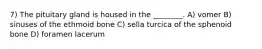 7) The pituitary gland is housed in the ________. A) vomer B) sinuses of the ethmoid bone C) sella turcica of the sphenoid bone D) foramen lacerum