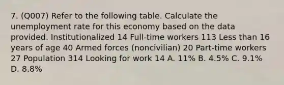 7. (Q007) Refer to the following table. Calculate the unemployment rate for this economy based on the data provided. Institutionalized 14 Full-time workers 113 Less than 16 years of age 40 Armed forces (noncivilian) 20 Part-time workers 27 Population 314 Looking for work 14 A. 11% B. 4.5% C. 9.1% D. 8.8%