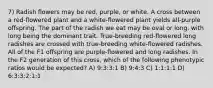 7) Radish flowers may be red, purple, or white. A cross between a red-flowered plant and a white-flowered plant yields all-purple offspring. The part of the radish we eat may be oval or long, with long being the dominant trait. True-breeding red-flowered long radishes are crossed with true-breeding white-flowered radishes. All of the F1 offspring are purple-flowered and long radishes. In the F2 generation of this cross, which of the following phenotypic ratios would be expected? A) 9:3:3:1 B) 9:4:3 C) 1:1:1:1 D) 6:3:3:2:1:1