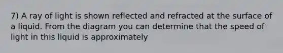 7) A ray of light is shown reflected and refracted at the surface of a liquid. From the diagram you can determine that the speed of light in this liquid is approximately
