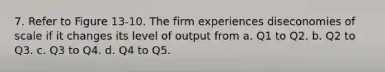 7. Refer to Figure 13-10. The firm experiences diseconomies of scale if it changes its level of output from a. Q1 to Q2. b. Q2 to Q3. c. Q3 to Q4. d. Q4 to Q5.