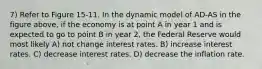 7) Refer to Figure 15-11. In the dynamic model of AD-AS in the figure above, if the economy is at point A in year 1 and is expected to go to point B in year 2, the Federal Reserve would most likely A) not change interest rates. B) increase interest rates. C) decrease interest rates. D) decrease the inflation rate.