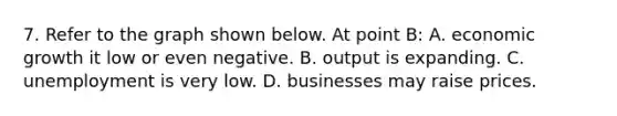7. Refer to the graph shown below. At point B: A. economic growth it low or even negative. B. output is expanding. C. unemployment is very low. D. businesses may raise prices.