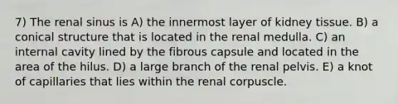 7) The renal sinus is A) the innermost layer of kidney tissue. B) a conical structure that is located in the renal medulla. C) an internal cavity lined by the fibrous capsule and located in the area of the hilus. D) a large branch of the renal pelvis. E) a knot of capillaries that lies within the renal corpuscle.