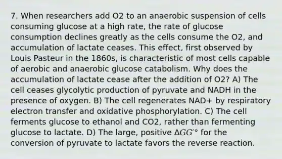 7. When researchers add O2 to an anaerobic suspension of cells consuming glucose at a high rate, the rate of glucose consumption declines greatly as the cells consume the O2, and accumulation of lactate ceases. This effect, first observed by Louis Pasteur in the 1860s, is characteristic of most cells capable of aerobic and anaerobic glucose catabolism. Why does the accumulation of lactate cease after the addition of O2? A) The cell ceases glycolytic production of pyruvate and NADH in the presence of oxygen. B) The cell regenerates NAD+ by respiratory electron transfer and oxidative phosphorylation. C) The cell ferments glucose to ethanol and CO2, rather than fermenting glucose to lactate. D) The large, positive Δ𝐺𝐺′° for the conversion of pyruvate to lactate favors the reverse reaction.