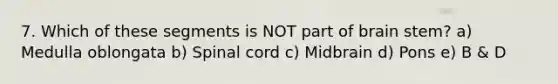 7. Which of these segments is NOT part of brain stem? a) Medulla oblongata b) Spinal cord c) Midbrain d) Pons e) B & D