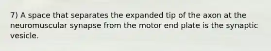 7) A space that separates the expanded tip of the axon at the neuromuscular synapse from the motor end plate is the synaptic vesicle.