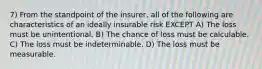 7) From the standpoint of the insurer, all of the following are characteristics of an ideally insurable risk EXCEPT A) The loss must be unintentional. B) The chance of loss must be calculable. C) The loss must be indeterminable. D) The loss must be measurable.