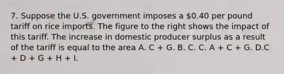 7. Suppose the U.S. government imposes a​ 0.40 per pound tariff on rice imports. The figure to the right shows the impact of this tariff. The increase in domestic producer surplus as a result of the tariff is equal to the area A. C​ + G. B. C. C. A​ + C​ + G. D.C​ + D​ + G​ + H​ + I.