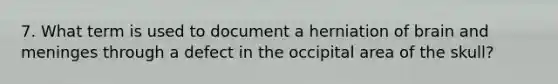 7. What term is used to document a herniation of brain and meninges through a defect in the occipital area of the skull?