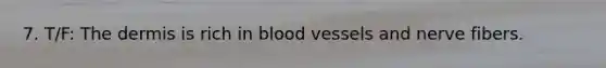 7. T/F: <a href='https://www.questionai.com/knowledge/kEsXbG6AwS-the-dermis' class='anchor-knowledge'>the dermis</a> is rich in <a href='https://www.questionai.com/knowledge/kZJ3mNKN7P-blood-vessels' class='anchor-knowledge'>blood vessels</a> and nerve fibers.