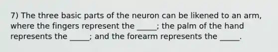 7) The three basic parts of the neuron can be likened to an arm, where the fingers represent the _____; the palm of the hand represents the _____; and the forearm represents the _____.