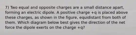 7) Two equal and opposite charges are a small distance apart, forming an electric dipole. A positive charge +q is placed above these charges, as shown in the figure, equidistant from both of them. Which diagram below best gives the direction of the net force the dipole exerts on the charge +q?