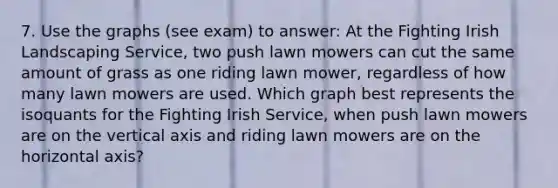 7. Use the graphs (see exam) to answer: At the Fighting Irish Landscaping Service, two push lawn mowers can cut the same amount of grass as one riding lawn mower, regardless of how many lawn mowers are used. Which graph best represents the isoquants for the Fighting Irish Service, when push lawn mowers are on the vertical axis and riding lawn mowers are on the horizontal axis?