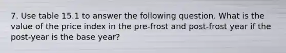 7. Use table 15.1 to answer the following question. What is the value of the price index in the pre-frost and post-frost year if the post-year is the base year?