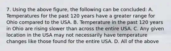 7. ​Using the above figure, the following can be concluded: A. Temperatures for the past 120 years have a greater range for Ohio compared to the USA. B. Temperature in the past 120 years in Ohio are rising slower than across the entire USA. C. Any given location in the USA may not necessarily have temperature changes like those found for the entire USA. D. All of the above