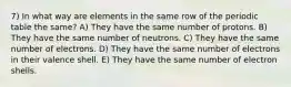 7) In what way are elements in the same row of the periodic table the same? A) They have the same number of protons. B) They have the same number of neutrons. C) They have the same number of electrons. D) They have the same number of electrons in their valence shell. E) They have the same number of electron shells.