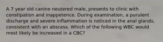 A 7 year old canine neutered male, presents to clinic with constipation and inappetence. During examination, a purulent discharge and severe inflammation is noticed in the anal glands, consistent with an abscess. Which of the following WBC would most likely be increased in a CBC?