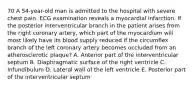 70 A 54-year-old man is admitted to the hospital with severe chest pain. ECG examination reveals a myocardial infarction. If the posterior interventricular branch in the patient arises from the right coronary artery, which part of the myocardium will most likely have its blood supply reduced if the circumflex branch of the left coronary artery becomes occluded from an atherosclerotic plaque? A. Anterior part of the interventricular septum B. Diaphragmatic surface of the right ventricle C. Infundibulum D. Lateral wall of the left ventricle E. Posterior part of the interventricular septum