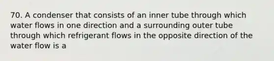 70. A condenser that consists of an inner tube through which water flows in one direction and a surrounding outer tube through which refrigerant flows in the opposite direction of the water flow is a