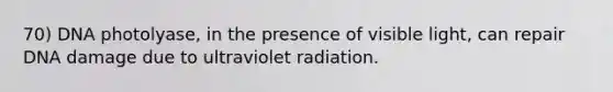 70) DNA photolyase, in the presence of visible light, can repair DNA damage due to ultraviolet radiation.