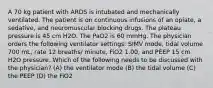 A 70 kg patient with ARDS is intubated and mechanically ventilated. The patient is on continuous infusions of an opiate, a sedative, and neuromuscular blocking drugs. The plateau pressure is 45 cm H2O. The PaO2 is 60 mmHg. The physician orders the following ventilator settings: SIMV mode, tidal volume 700 mL, rate 12 breaths/ minute, FiO2 1.00, and PEEP 15 cm H2O pressure. Which of the following needs to be discussed with the physician? (A) the ventilator mode (B) the tidal volume (C) the PEEP (D) the FiO2