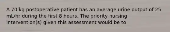 A 70 kg postoperative patient has an average urine output of 25 mL/hr during the first 8 hours. The priority nursing intervention(s) given this assessment would be to