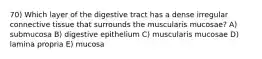 70) Which layer of the digestive tract has a dense irregular connective tissue that surrounds the muscularis mucosae? A) submucosa B) digestive epithelium C) muscularis mucosae D) lamina propria E) mucosa