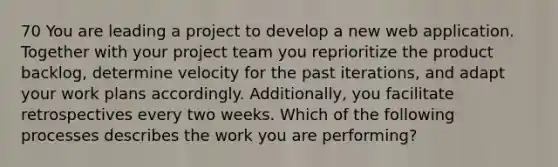 70 You are leading a project to develop a new web application. Together with your project team you reprioritize the product backlog, determine velocity for the past iterations, and adapt your work plans accordingly. Additionally, you facilitate retrospectives every two weeks. Which of the following processes describes the work you are performing?