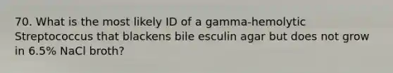 70. What is the most likely ID of a gamma-hemolytic Streptococcus that blackens bile esculin agar but does not grow in 6.5% NaCl broth?