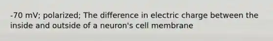 -70 mV; polarized; The difference in electric charge between the inside and outside of a neuron's cell membrane