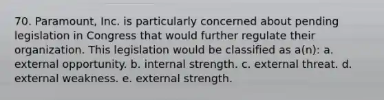 70. Paramount, Inc. is particularly concerned about pending legislation in Congress that would further regulate their organization. This legislation would be classified as a(n): a. external opportunity. b. internal strength. c. external threat. d. external weakness. e. external strength.