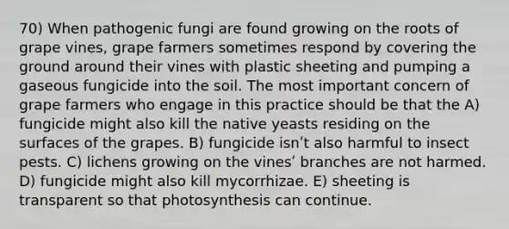 70) When pathogenic fungi are found growing on the roots of grape vines, grape farmers sometimes respond by covering the ground around their vines with plastic sheeting and pumping a gaseous fungicide into the soil. The most important concern of grape farmers who engage in this practice should be that the A) fungicide might also kill the native yeasts residing on the surfaces of the grapes. B) fungicide isnʹt also harmful to insect pests. C) lichens growing on the vinesʹ branches are not harmed. D) fungicide might also kill mycorrhizae. E) sheeting is transparent so that photosynthesis can continue.