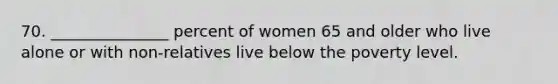 70. _______________ percent of women 65 and older who live alone or with non-relatives live below the poverty level.