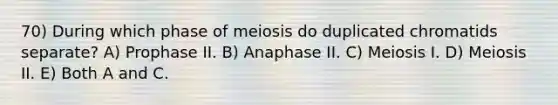 70) During which phase of meiosis do duplicated chromatids separate? A) Prophase II. B) Anaphase II. C) Meiosis I. D) Meiosis II. E) Both A and C.