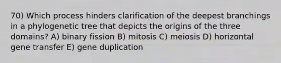 70) Which process hinders clarification of the deepest branchings in a phylogenetic tree that depicts the origins of the three domains? A) binary fission B) mitosis C) meiosis D) horizontal gene transfer E) gene duplication