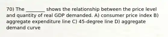 70) The ________ shows the relationship between the price level and quantity of real GDP demanded. A) consumer price index B) aggregate expenditure line C) 45-degree line D) aggregate demand curve