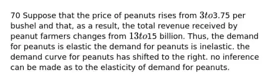 70 Suppose that the price of peanuts rises from 3 to3.75 per bushel and that, as a result, the total revenue received by peanut farmers changes from 13 to15 billion. Thus, the demand for peanuts is elastic the demand for peanuts is inelastic. the demand curve for peanuts has shifted to the right. no inference can be made as to the elasticity of demand for peanuts.