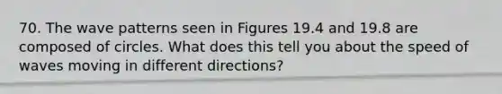 70. The wave patterns seen in Figures 19.4 and 19.8 are composed of circles. What does this tell you about the speed of waves moving in different directions?