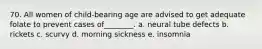 70. All women of child-bearing age are advised to get adequate folate to prevent cases of________. a. neural tube defects b. rickets c. scurvy d. morning sickness e. insomnia