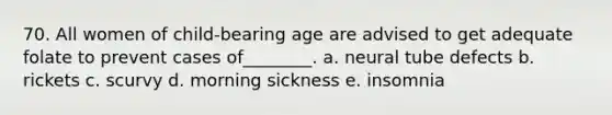 70. All women of child-bearing age are advised to get adequate folate to prevent cases of________. a. neural tube defects b. rickets c. scurvy d. morning sickness e. insomnia