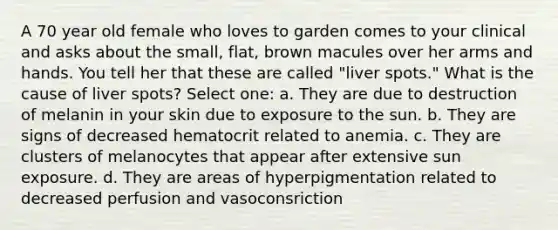 A 70 year old female who loves to garden comes to your clinical and asks about the small, flat, brown macules over her arms and hands. You tell her that these are called "liver spots." What is the cause of liver spots? Select one: a. They are due to destruction of melanin in your skin due to exposure to the sun. b. They are signs of decreased hematocrit related to anemia. c. They are clusters of melanocytes that appear after extensive sun exposure. d. They are areas of hyperpigmentation related to decreased perfusion and vasoconsriction